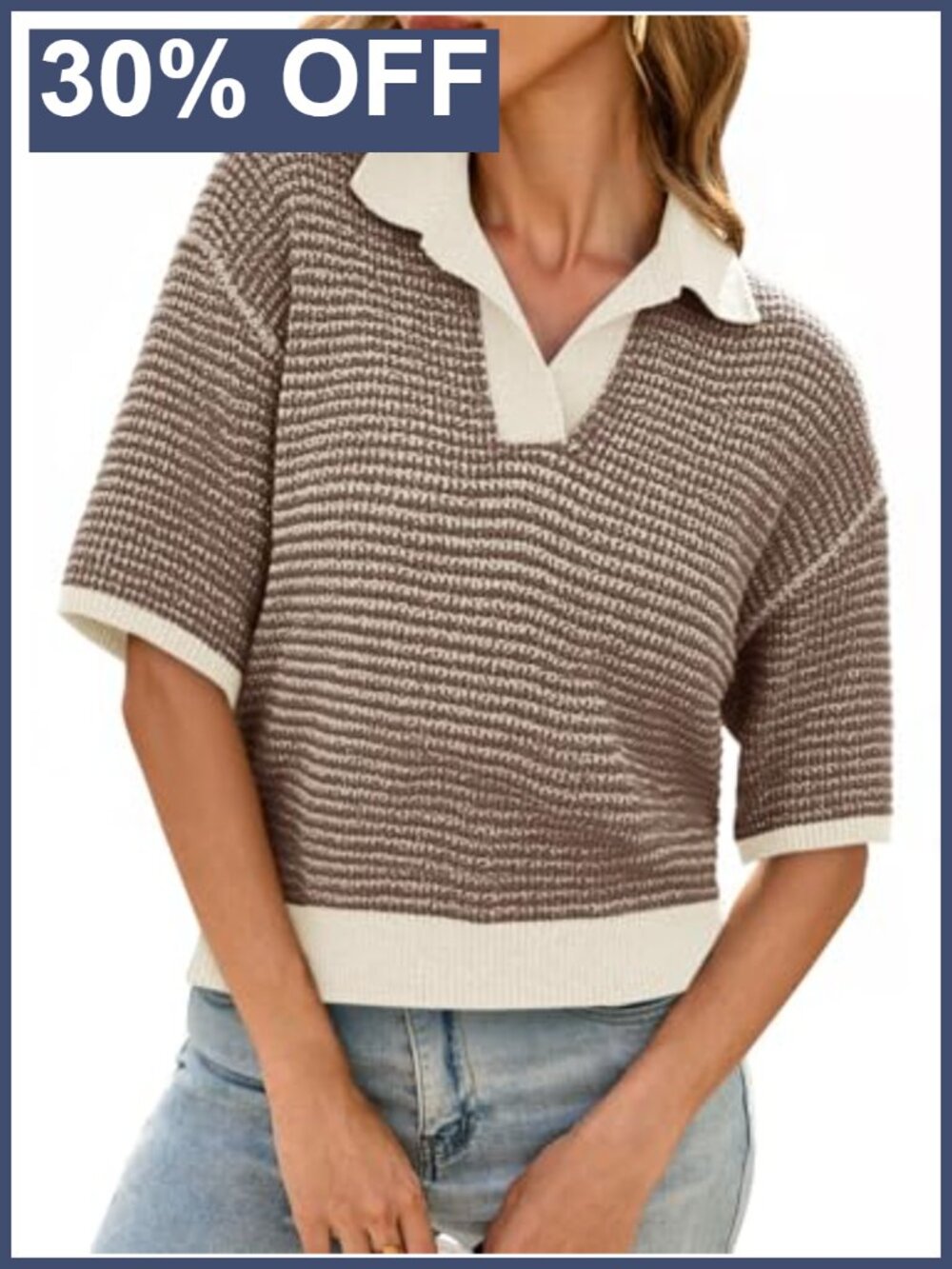 Cropped Knit Pullover Sweater Short Sleeve Striped V-Neck